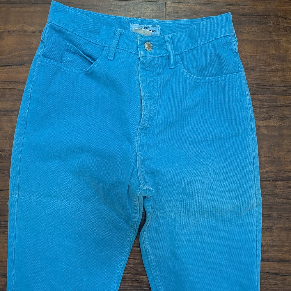 Vtg 80s Guess by Marciano USA ankle zip high-waisted aqua blue crop Mom Jeans - Picture 14 of 15
